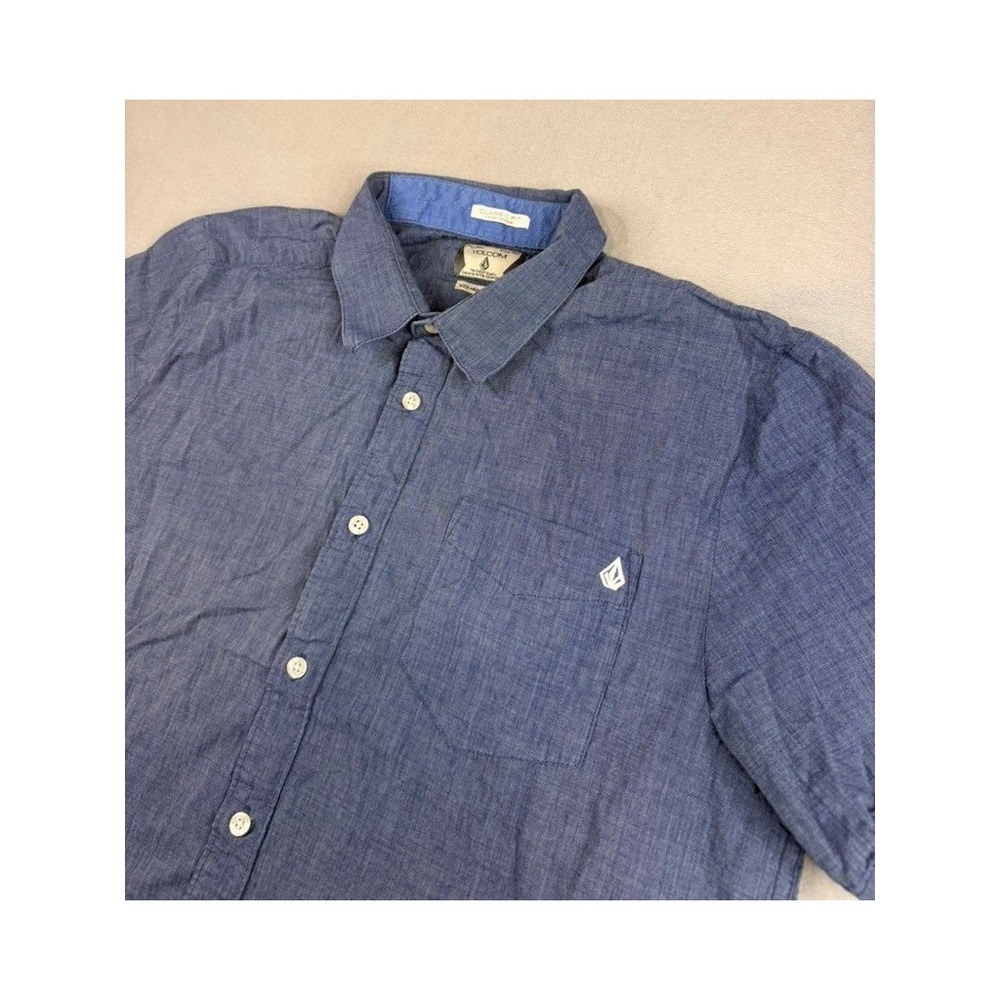 Volcom Mens Short Sleeve Button Down Shirt Blue Classic Fit Stone Logo Medium
